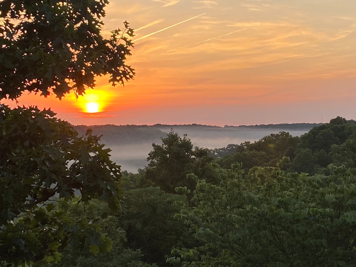 A serene sunrise is captured over a misty valley, with the sun emerging on the horizon. Lush greenery frames the scene, and soft clouds hover among the treetops, creating a tranquil atmosphere that showcases the natural beauty of the surrounding landscape.