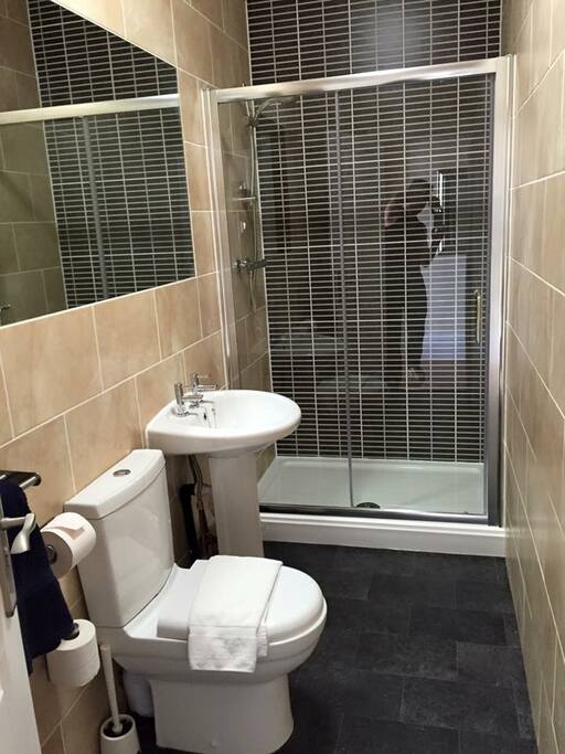 Shower room of ample proportion with large shower tray and plumbed shower. Modern, clean and stylish
