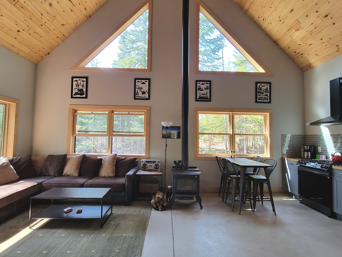 The main living area features vaulted ceilings with triangular windows that fill the space with natural light. A cozy sectional couch and a coffee table are situated on a textured area rug, while a dining table for four is located near the modern kitchen.