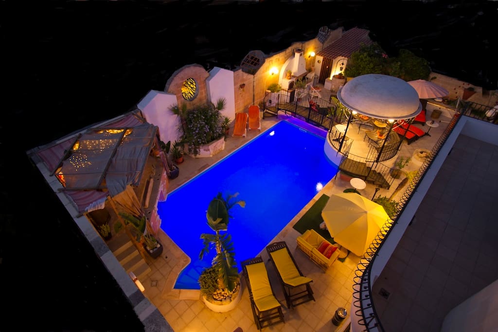 Bird's Eye View of Pool Area at night