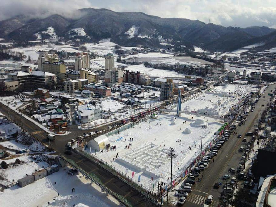 View from our window. Our house is in front of the Pyeongchang Snow Festival (Late January or Early February every year)