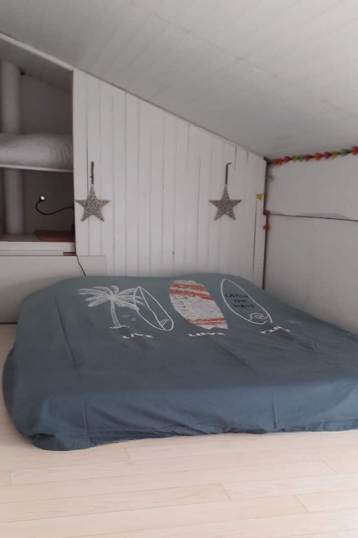 Habitación alcohólica con 1 cama 2 personas. El alcohol tiene 1 velux con ocultación para la noche. 