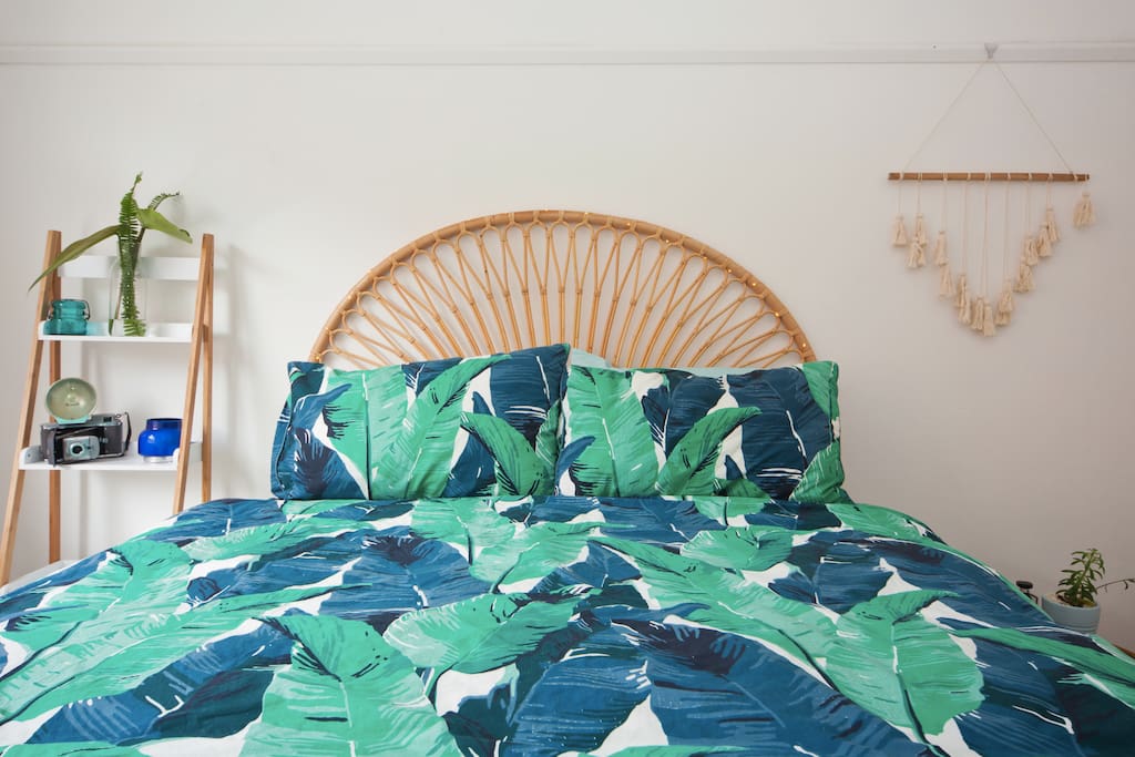 Make yourself comfortable in your own beachy bohemian style room with comfy queen mattress, and tempurpedic pillows.