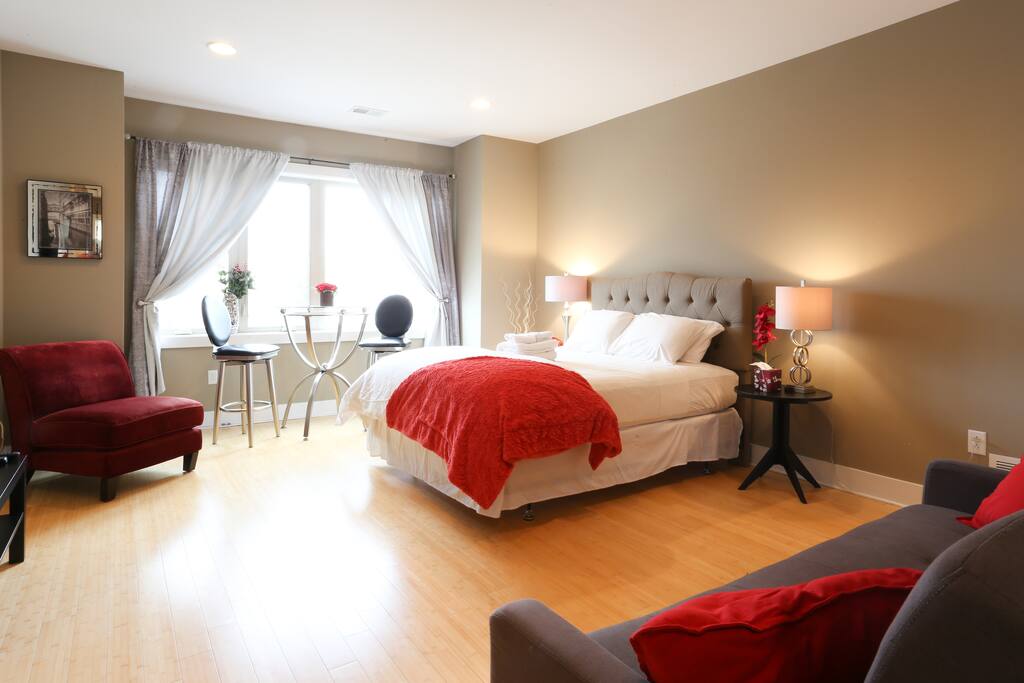 Queen size bed and sleeping sofa.