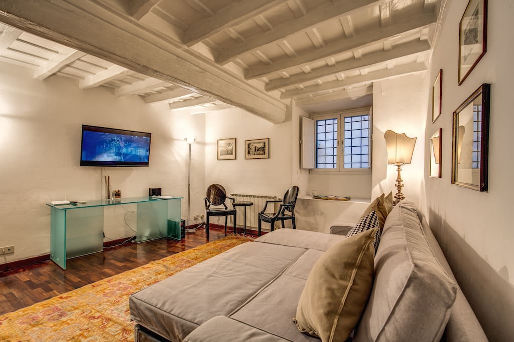 Living room with fold out queen size couch