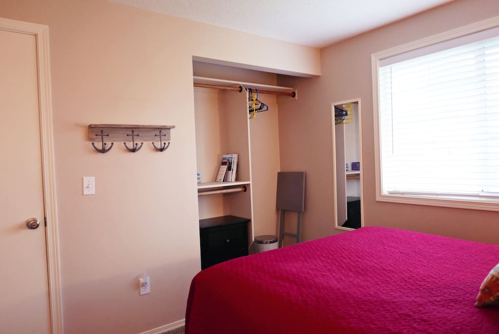 closet, small dresser, full length mirror, etc.