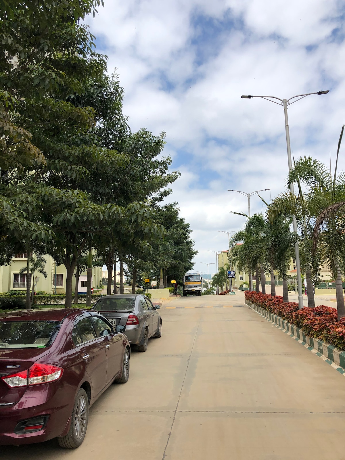A spacious street is lined with trees, creating a natural corridor. Parked cars are visible along the sides. Fluffy clouds are seen in a bright blue sky, while colorful flower beds add a touch of vibrancy to the scene.
