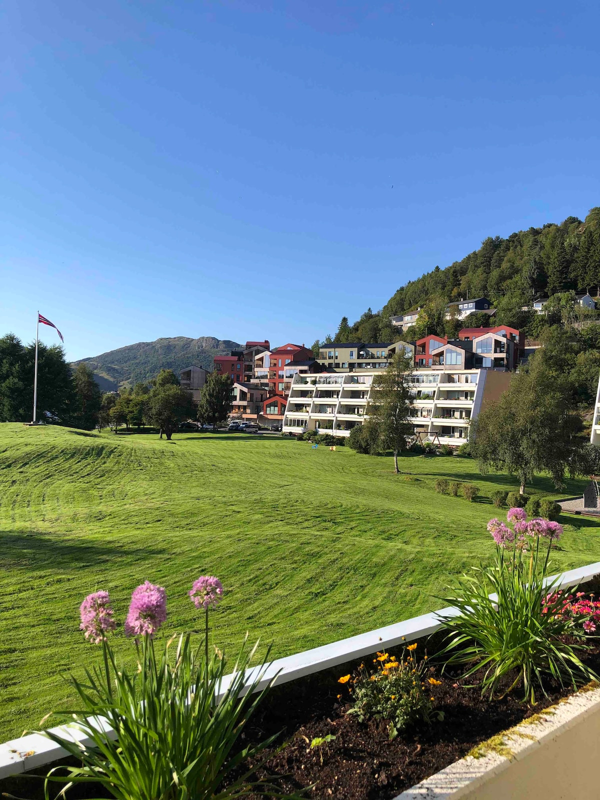 A well-kept green landscape with manicured grass stretches towards a cluster of modern buildings, nestled against a hillside. Colorful flowers enhance the foreground, while the clear blue sky adds brightness to the scene.