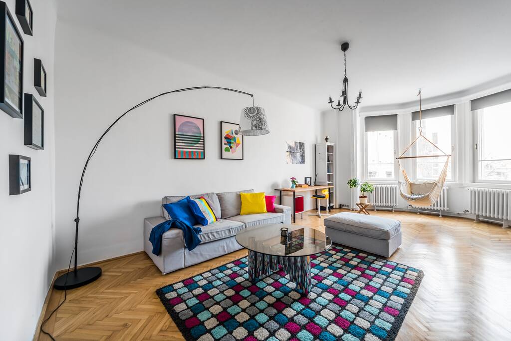 The big and sunny living room - it looks to an inner garden, peaceful and quiet