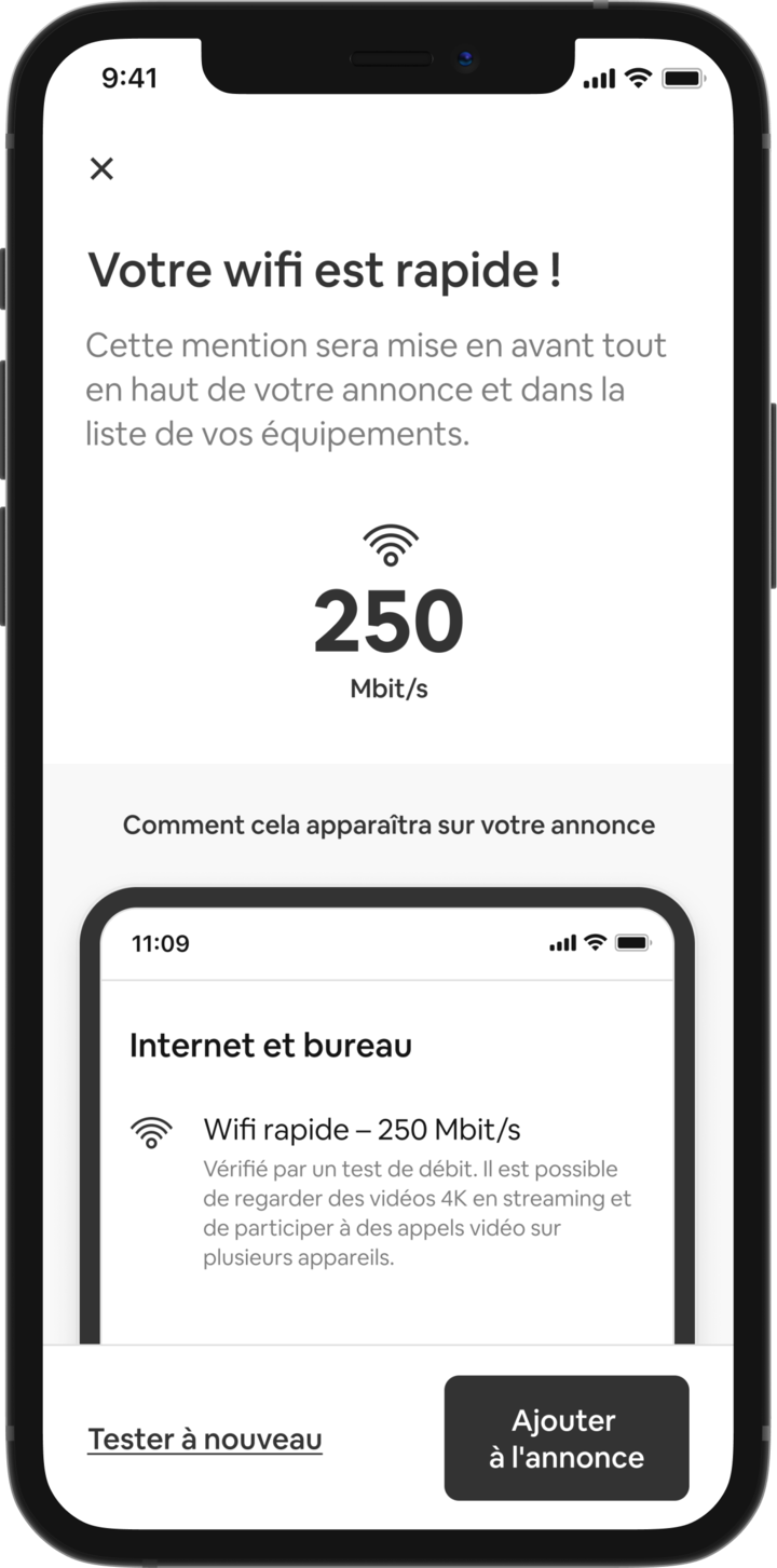 Un téléphone mobile affiche la liste des équipements fournis dans un logement Airbnb. En haut de la liste se trouve le titre : « Internet et bureau », accompagné d'une ligne de texte indiquant : « Wifi rapide (250 Mbit/s). Vérifié par un test du débit. Vous pouvez regarder des vidéos en 4K en continu et participer à des appels vidéo sur plusieurs appareils. »