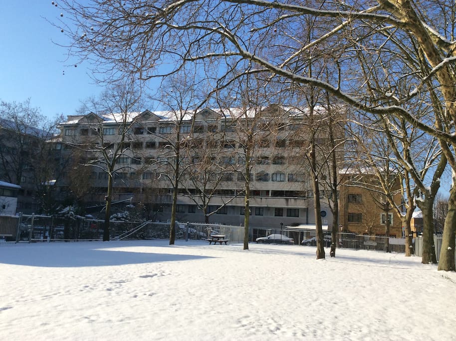 Apartment block and square garden in front