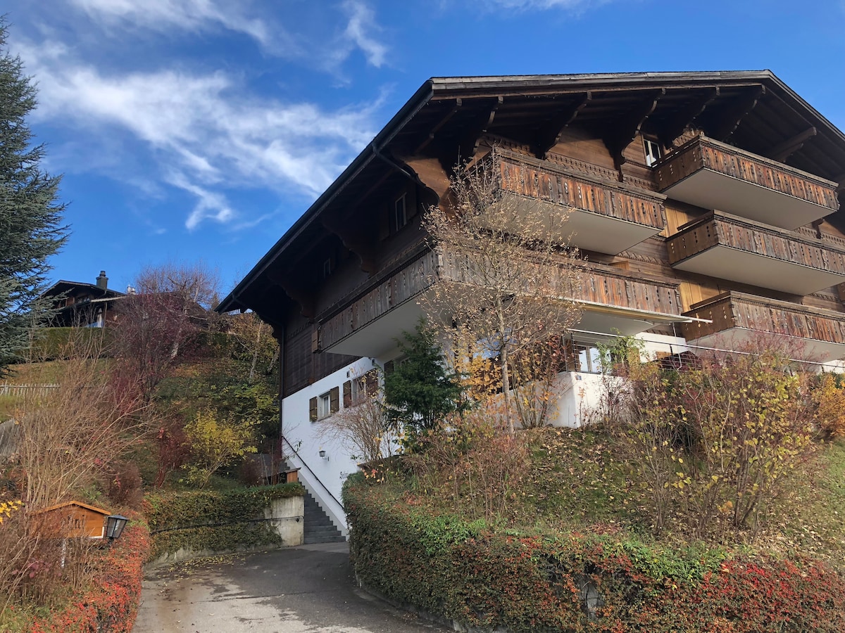 A multi-story chalet features traditional wooden balconies and intricate detailing. It is surrounded by greenery and trees, with a driveway leading up to the entrance. The sky is blue with scattered clouds, suggesting a bright day.