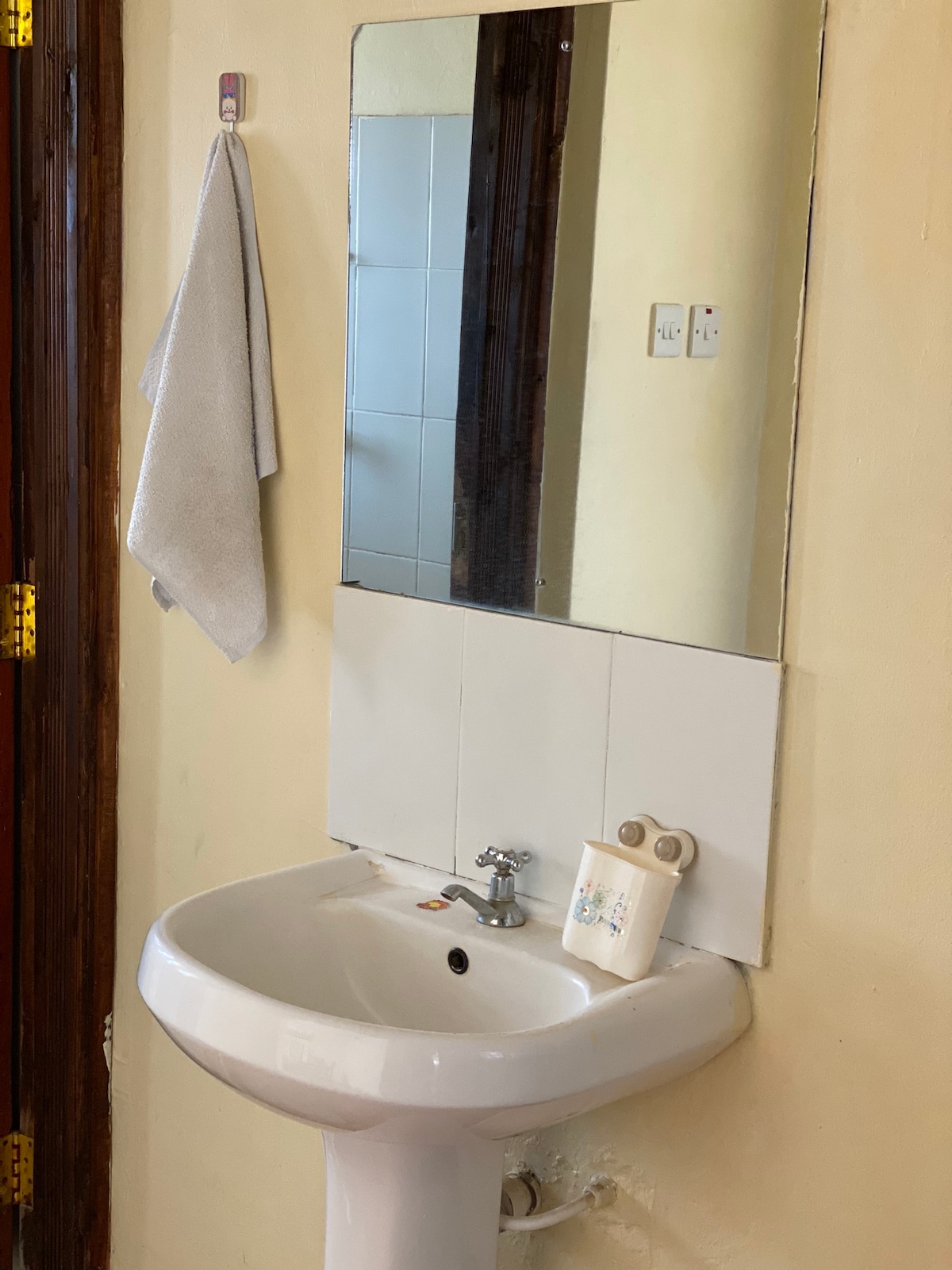 A compact bathroom area features a white pedestal sink below a large mirror. A hand towel is hung on a hook nearby. A white cup rests on the sink, adding a functional touch to the space.
