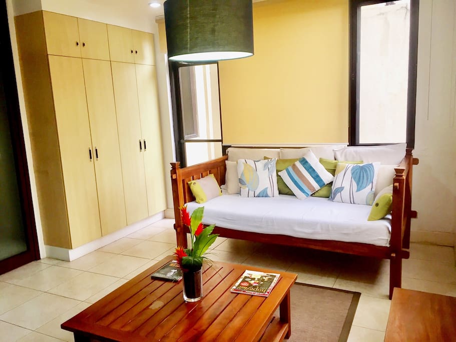 Glass door in the living area/den leads to the balcony. Closet space is available for use of our guests.