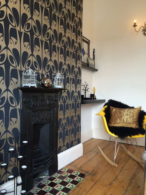 Eames rocker & Art Nouveau fireplace