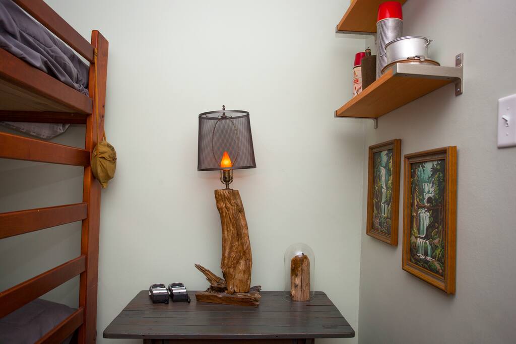 Some vintage camping equipment on display.