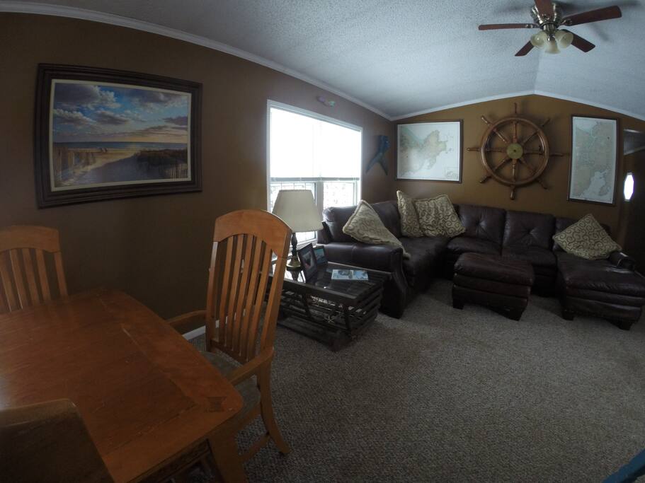 The view from the dining room to the living room.
