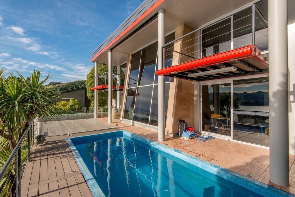 Pool terrace and pool in front of apartment (on right)