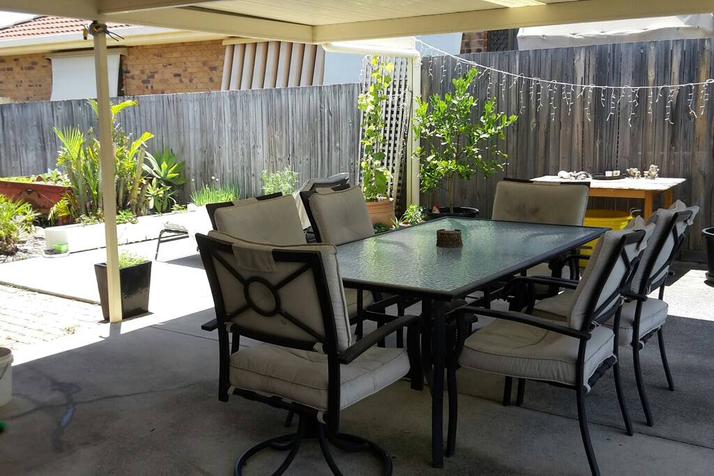 Outdoor entertaining space out of the direct sun.