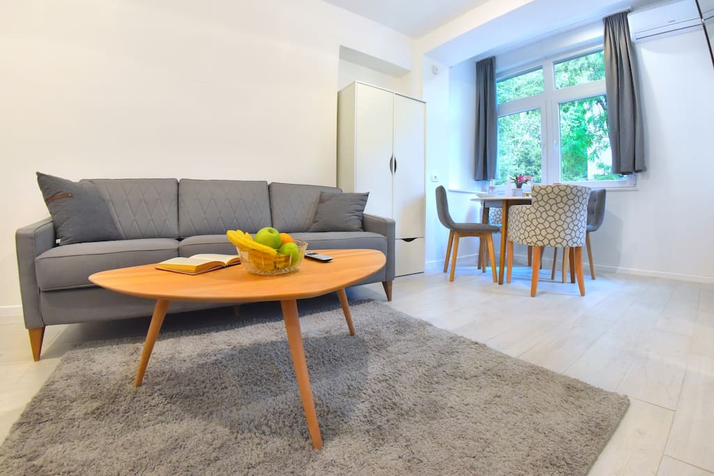 Stylish and bright living/dining room space.