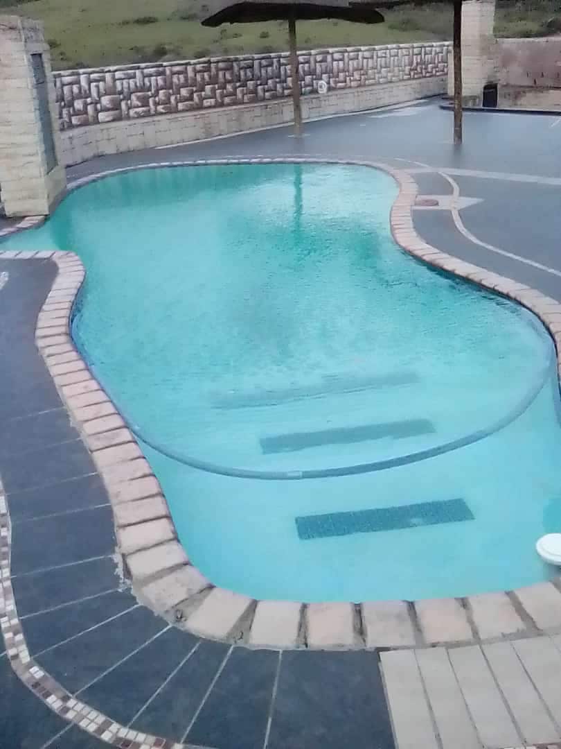 A uniquely shaped swimming pool is visible, featuring clear water surrounded by a tiled deck. The pool's edge is bordered by stone tiles, blending smoothly into the surrounding area. An umbrella is positioned at one end, providing shaded seating space.