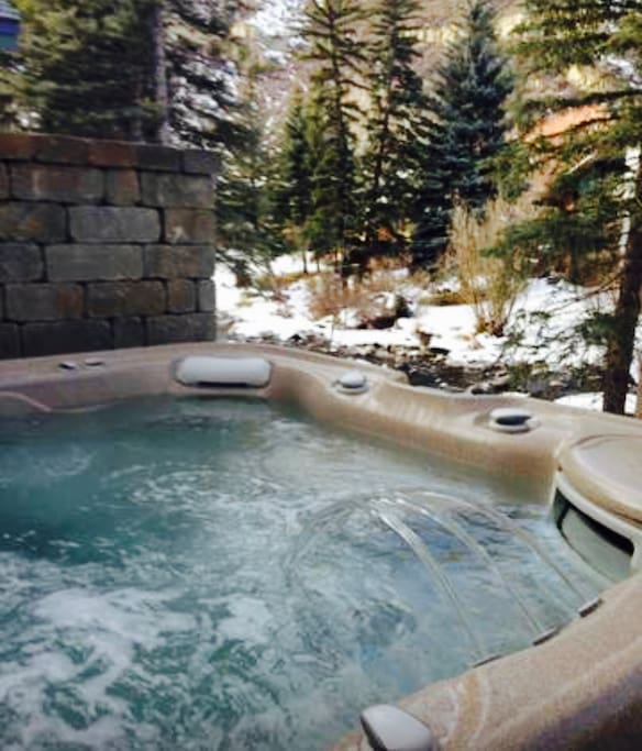 8 person saltwater hot tub uses less chlorine, and sits above the rushing river.