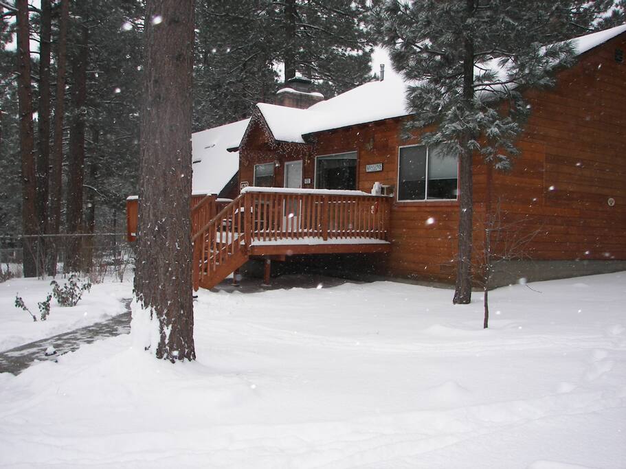 A view of the cabin with snow!!! It is so much fun to see all the snow fall.