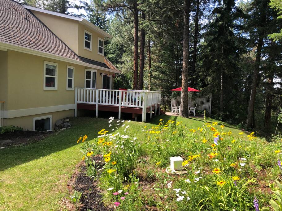Back deck for eating & relaxing outside, pollinator-friendly garden