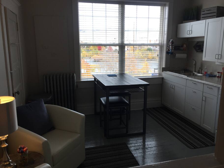 Dining area with view of river