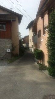 A narrow pathway is lined by buildings on both sides, presenting a mix of architectural styles. A smooth asphalt surface leads into a tranquil interior courtyard, flanked by greenery and the facades of neighboring houses. Overhead power lines are visible against the lightly cloudy sky.