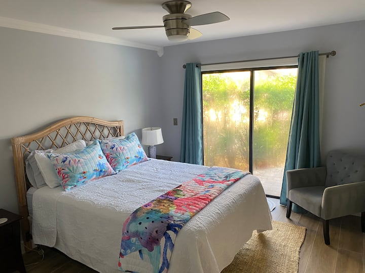 Chumba cha wageni cha malkia kilicho na mashuka yaliyosasishwa. Vitelezeshi vya kujitegemea vimefunguliwa kwa ajili ya bwawa/spa lanai. Televisheni mpya ya Samsung inayoning 'inia. Kiti cha kusomea. Kabati lenye ukubwa mzuri. 