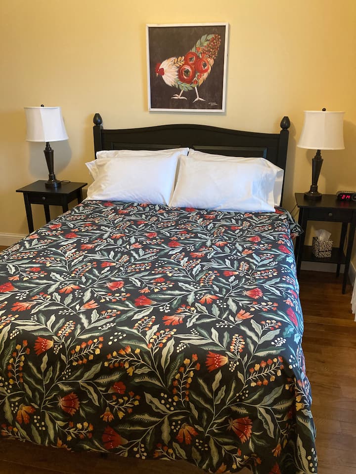 Front Bedroom with desk and chair, TV, bookshelf full of books for all ages, toys for children, full length mirrors, and luggage rack.
Duvet covers may be different patterns than pictured. 