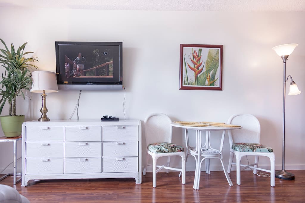 Large television and chairs to cool down