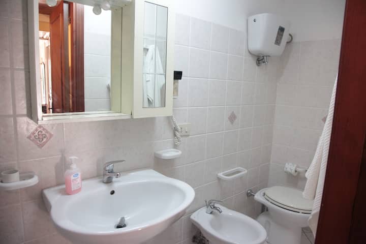 Bathroom downstairs with cabin shower hairdryer and bidet.