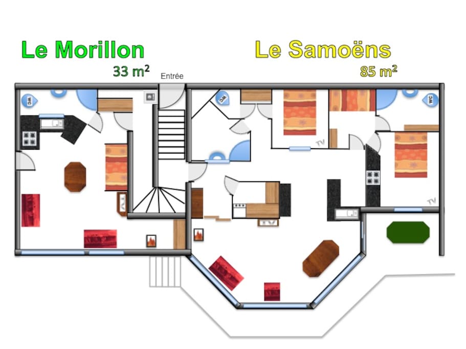 Plan des 2 volumes : "le Samoens" 85 m² + "le Morillon" 33 m²