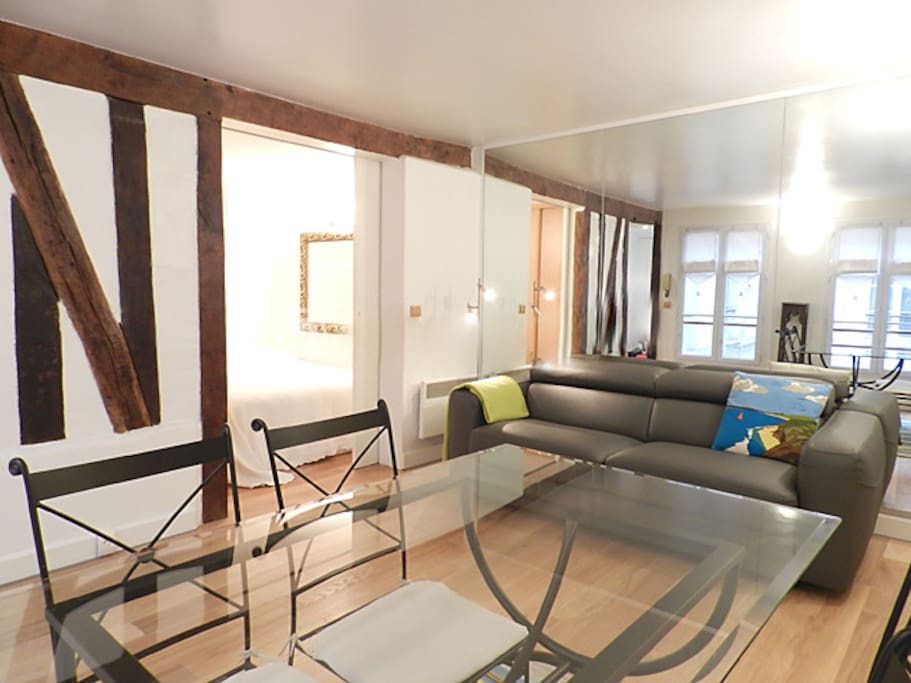 Living
The 17 square meters living room has a double glazed window facing courtyard . It is equipped with : dining table for 6 people, double sofa bed, TV, hard wood floor.