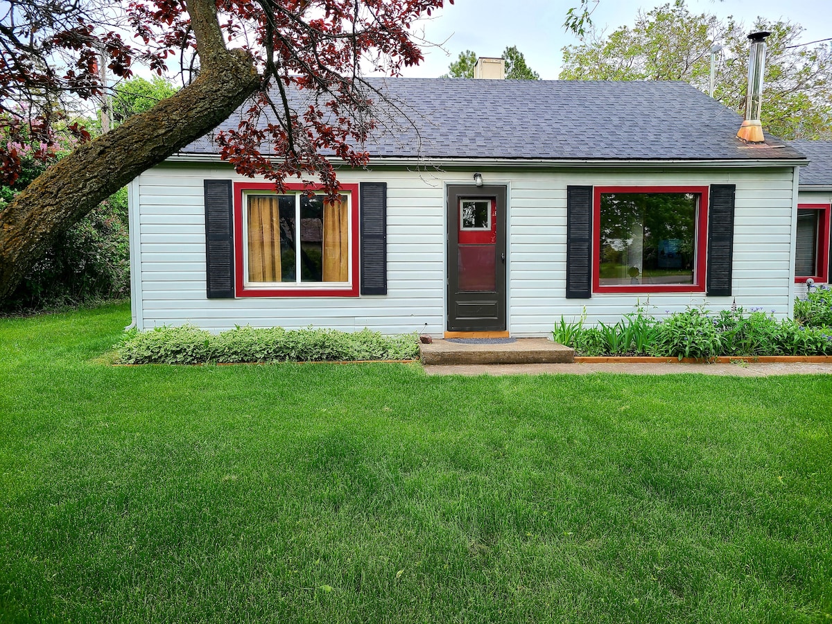 The exterior of the home features a light-colored facade with contrasting dark window shutters. A central entrance door leads to large windows flanking each side, allowing ample natural light. A manicured lawn and garden borders the front, with a tree providing a gentle shade.
