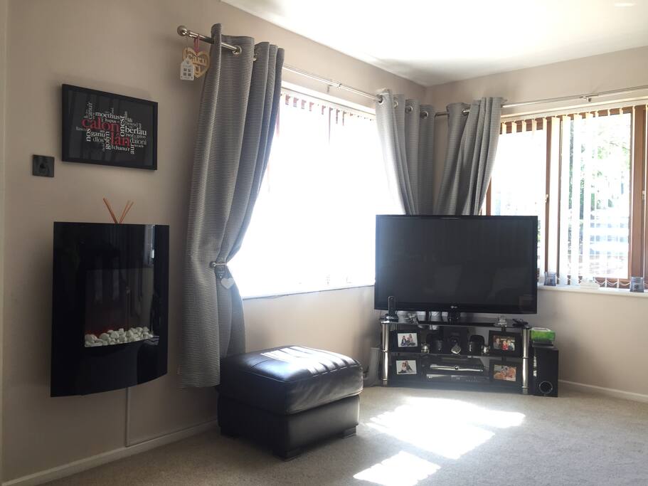 Living room has a 50 inch plasma TV with DVD player.