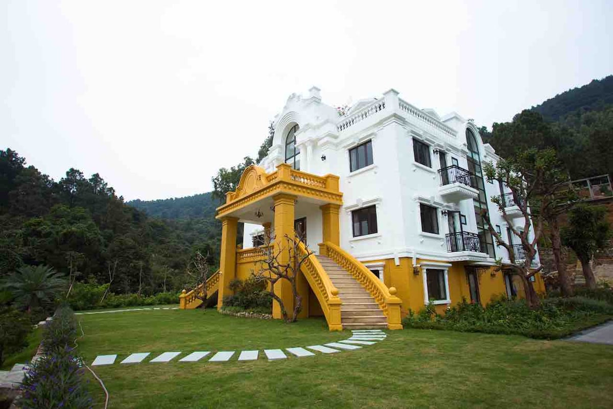 A large villa is set against lush greenery, featuring a striking white façade complemented by yellow accents. Stairs lead to an inviting entrance, while expansive windows provide views of the surrounding landscape. A well-maintained lawn with stone pathways enhances the exterior's appeal.