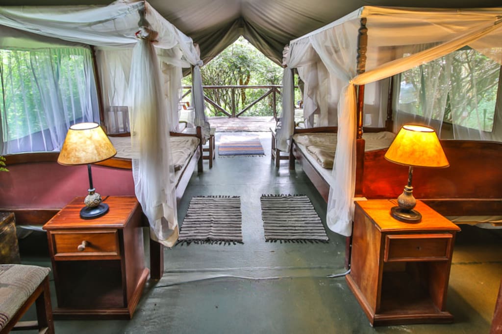 tent variation #2 with up to four twin beds // comfort tent with beautiful view to Talek river
