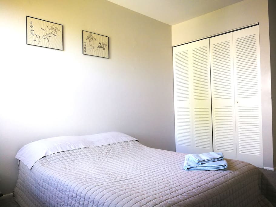Full-size bed with Chinese Ink paintings and white large space closet.