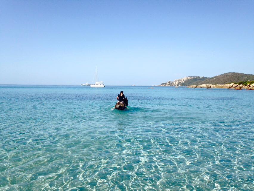 A calm sea reflects a clear blue sky, with gentle waves lapping at the shore. A small boat is seen on the shallow water, while a distant sailboat can be spotted on the horizon, adding to the serene coastal view.