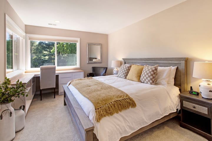 Bedroom 3: Upstairs. The Writers Room, with king bed and  wraparound desk. (3 bedrooms upstairs, 1 bedroom downstairs)