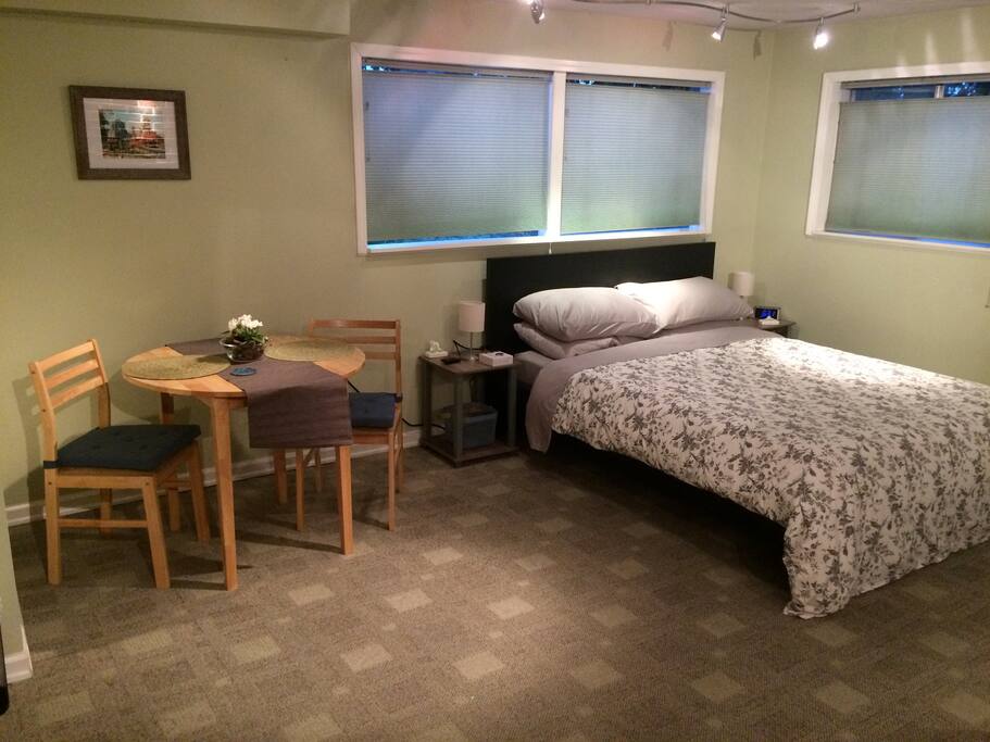 16 x 13.5 large bedroom with recessed closet, Smart TV with cable/HBO, Wifi, work/dining space