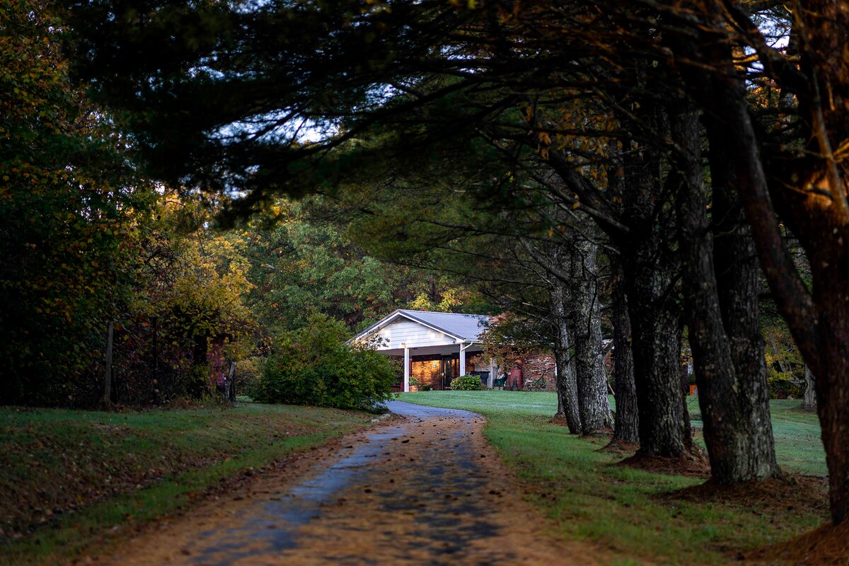 A winding gravel pathway leads through tall trees towards a welcoming brick structure. The surrounding landscape features lush grass and foliage, creating a serene atmosphere. Soft evening light enhances the peaceful setting, inviting guests to approach the entrance.