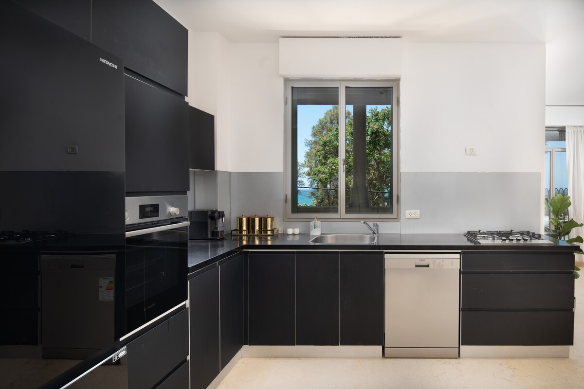 A sleek kitchen features dark cabinetry and modern appliances. The countertops offer ample workspace, and a large window frames a view of greenery and the sea beyond. Natural light illuminates the area, enhancing the clean, minimalist design.