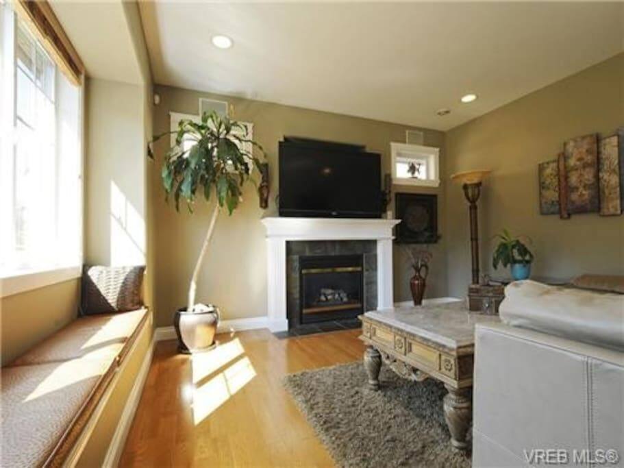 Gas fireplace and big screen tv.