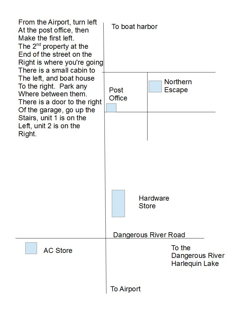A simple map is provided, illustrating the layout of the neighborhood. Key locations such as the post office, grocery store, hardware store, and AC store are marked, with clear directions to the boat harbor and the airport. The northern escape unit is indicated with its proximity to these landmarks.