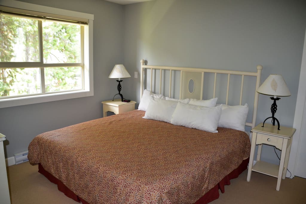Beautiful bright bedroom with comfortable kind sized bed