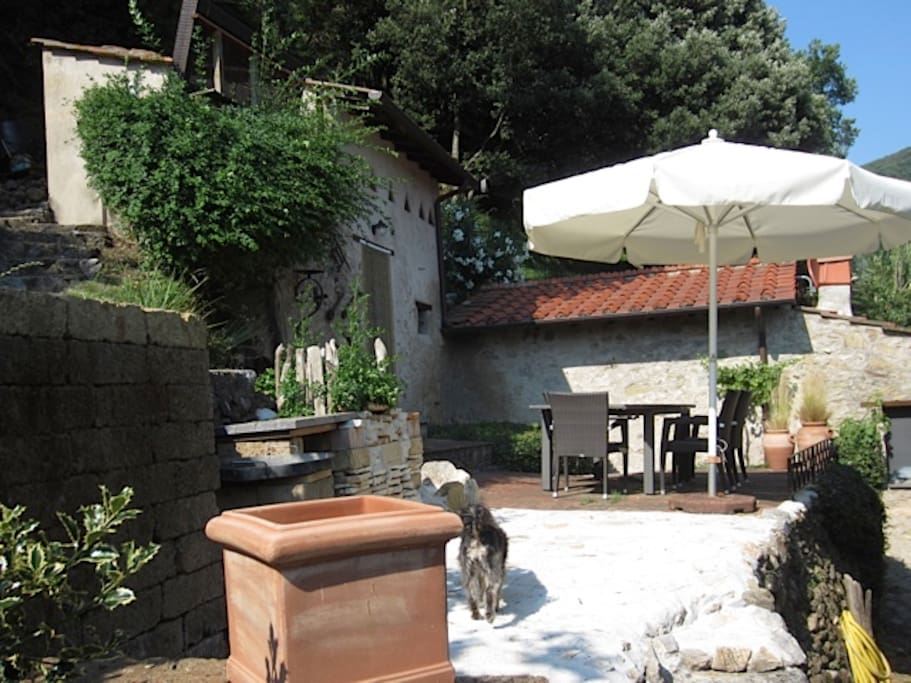 Terrasse mit Grillplatz/Eingang zum Bad
